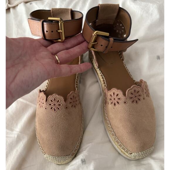 See By Chloe Glyn Suede Laser Cut Flower Buckle Wedge Espadrille Shoes Size 8 38 - Picture 2 of 10